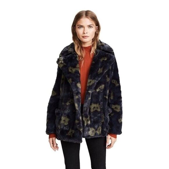 Zadig & Voltaire Miles Leo Green Leopard Faux Fur Coat Size Small - Picture 5 of 14
